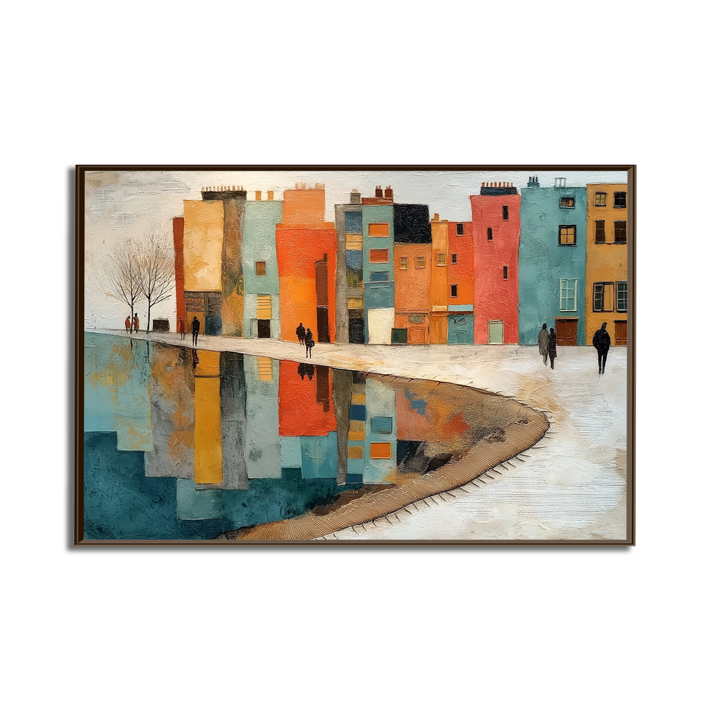 Harbor of Hues: A Vibrant Modern Cityscape Wall Art for Your Living Room