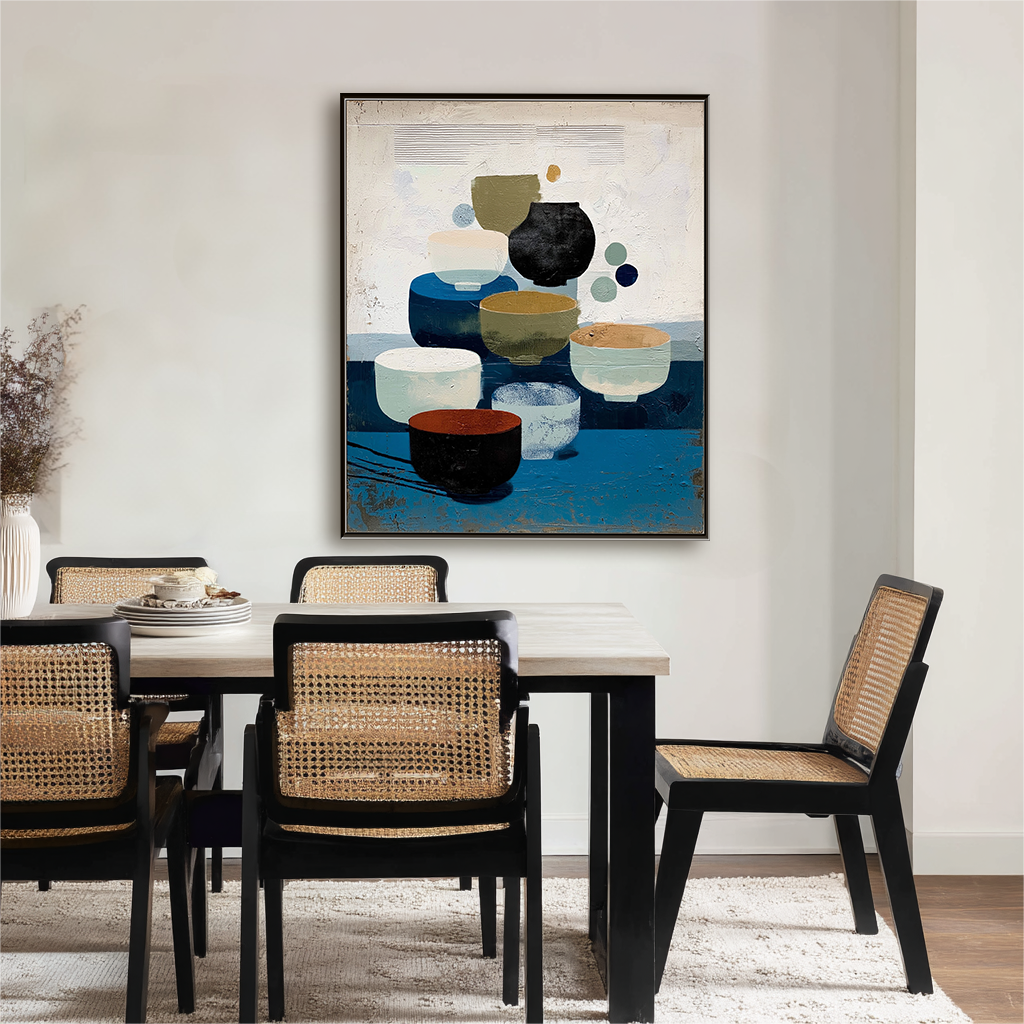 Vessels of Tranquility: Wabi Sabi Textured Abstract Still Life Painting for Dining Room