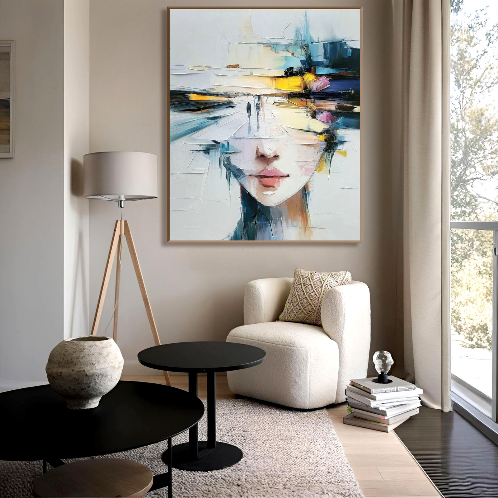 Mindscape Horizon: Surreal Textured Abstract Portrait Painting for Contemporary Decor