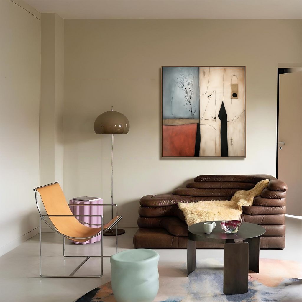 Silent Vista: Wabi Sabi Textured Abstract Landscape Painting with Minimalist Tree