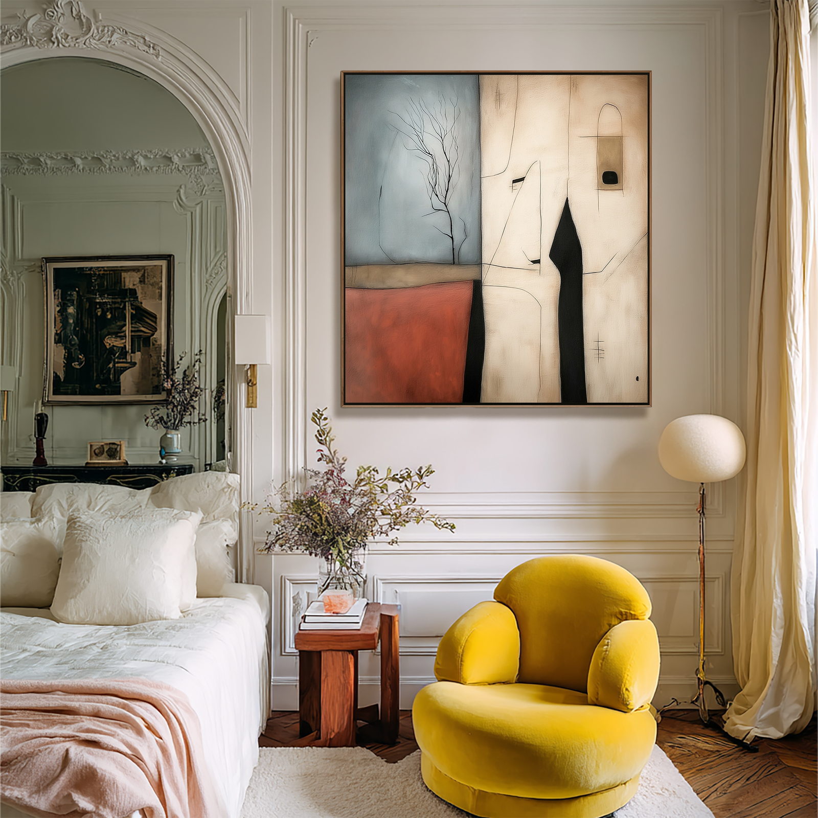 Silent Vista: Wabi Sabi Textured Abstract Landscape Painting with Minimalist Tree