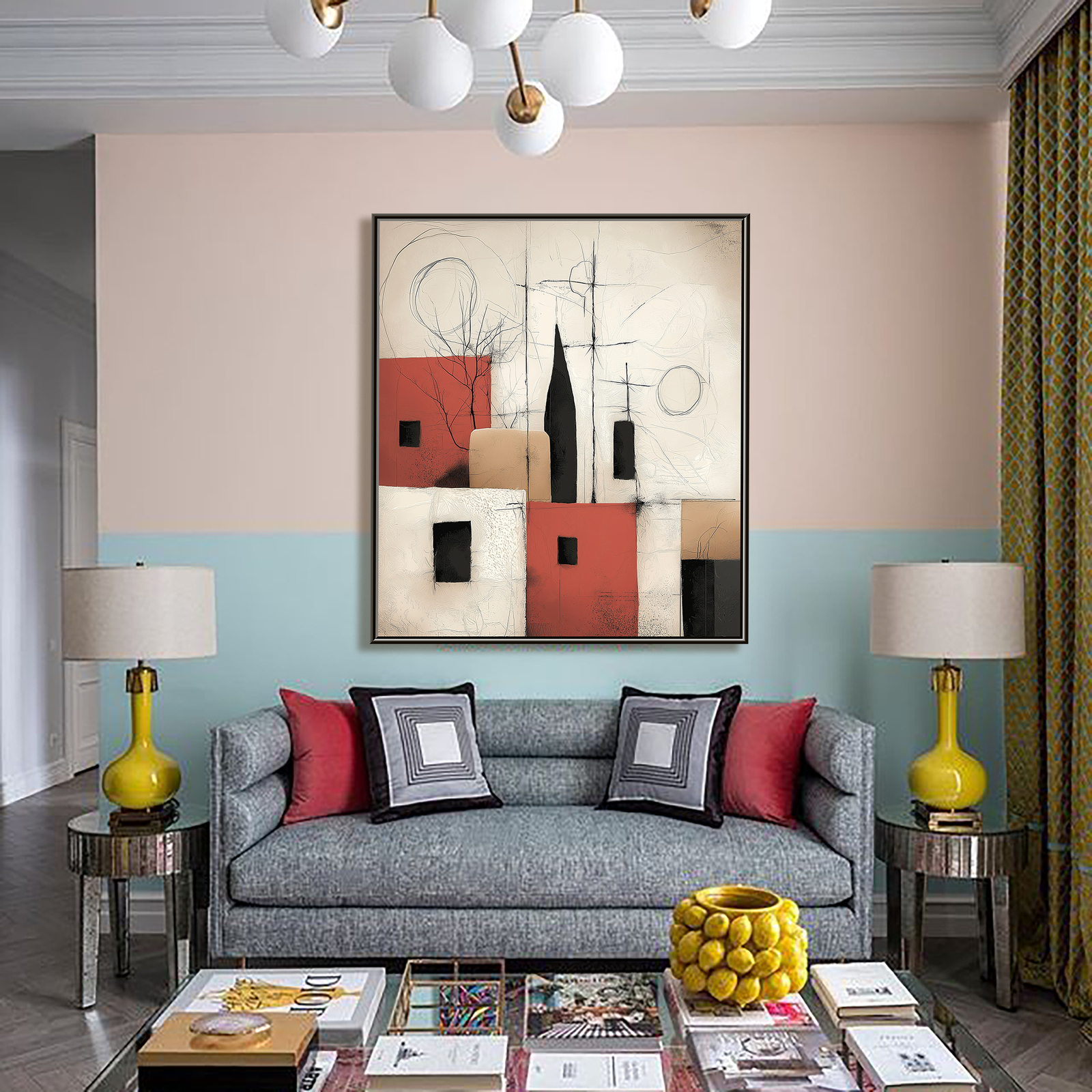 Red City Cadence: Textured Geometric Abstract Cityscape Painting with Expressive Line Art