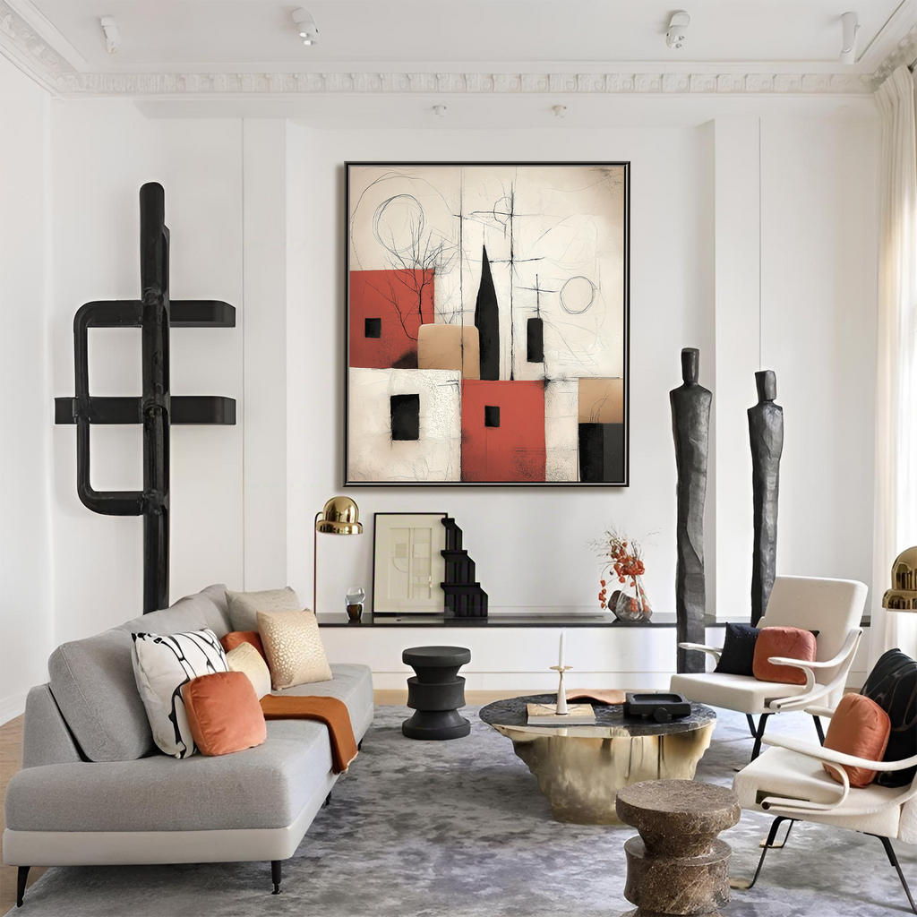 Red City Cadence: Textured Geometric Abstract Cityscape Painting with Expressive Line Art