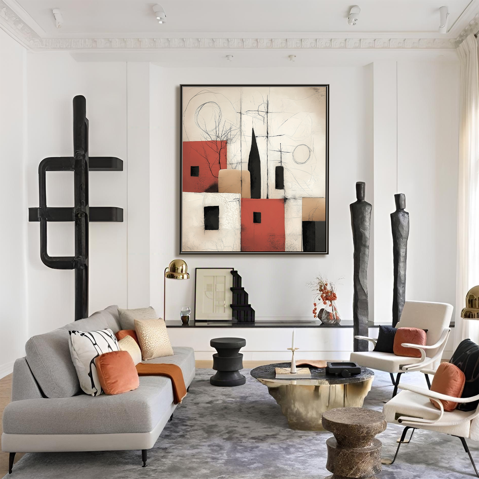 Red City Cadence: Textured Geometric Abstract Cityscape Painting with Expressive Line Art