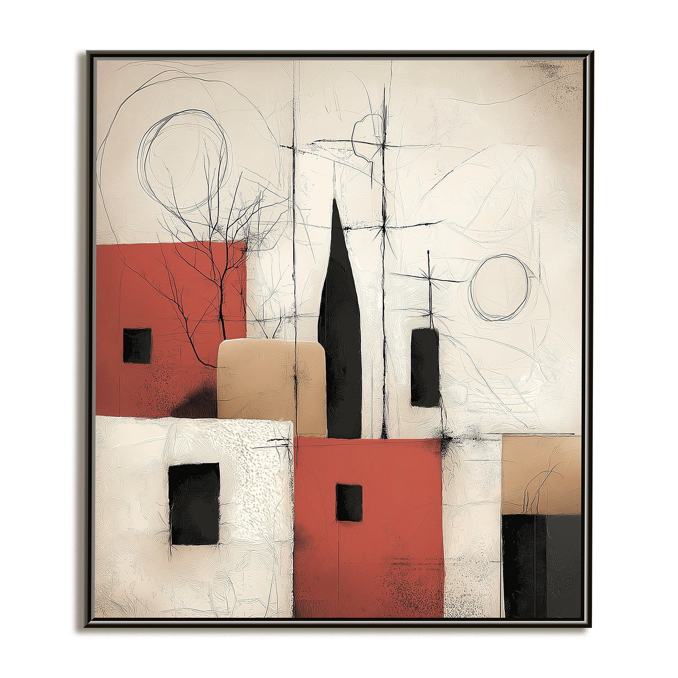 Red City Cadence: Textured Geometric Abstract Cityscape Painting with Expressive Line Art