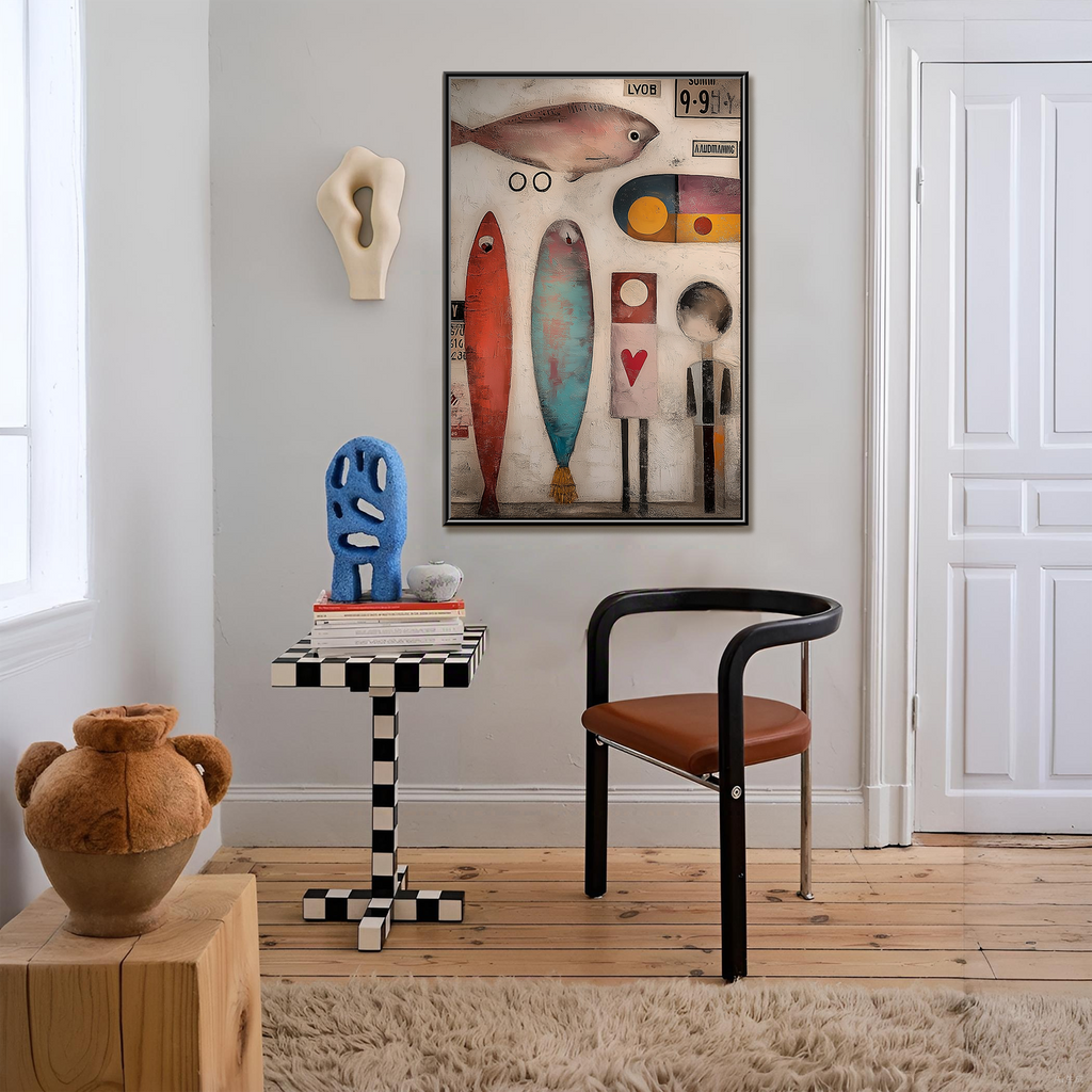 The Curious Lineup: Whimsical Textured Abstract Fish Painting for Kids' Room Decor