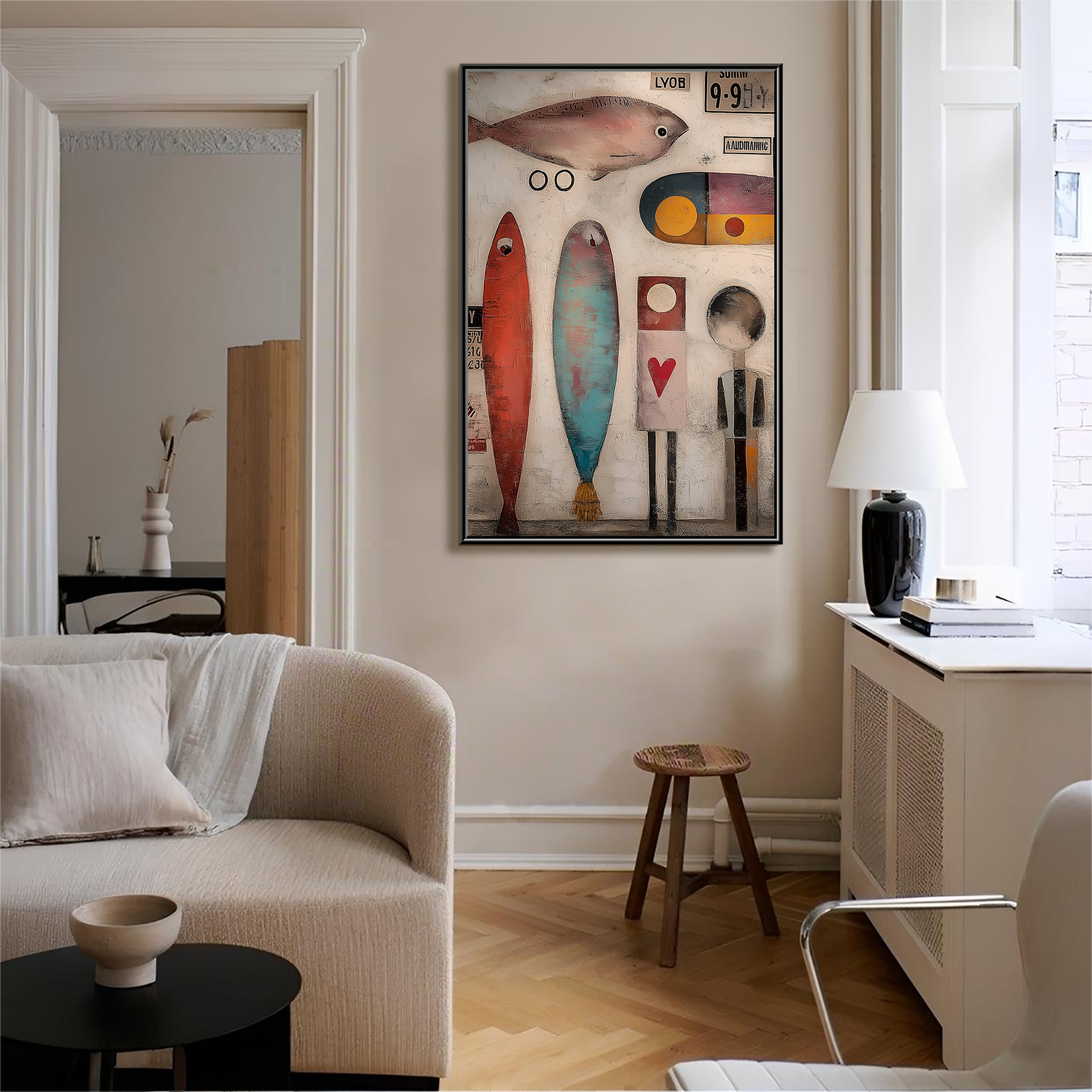 The Curious Lineup: Whimsical Textured Abstract Fish Painting for Kids' Room Decor