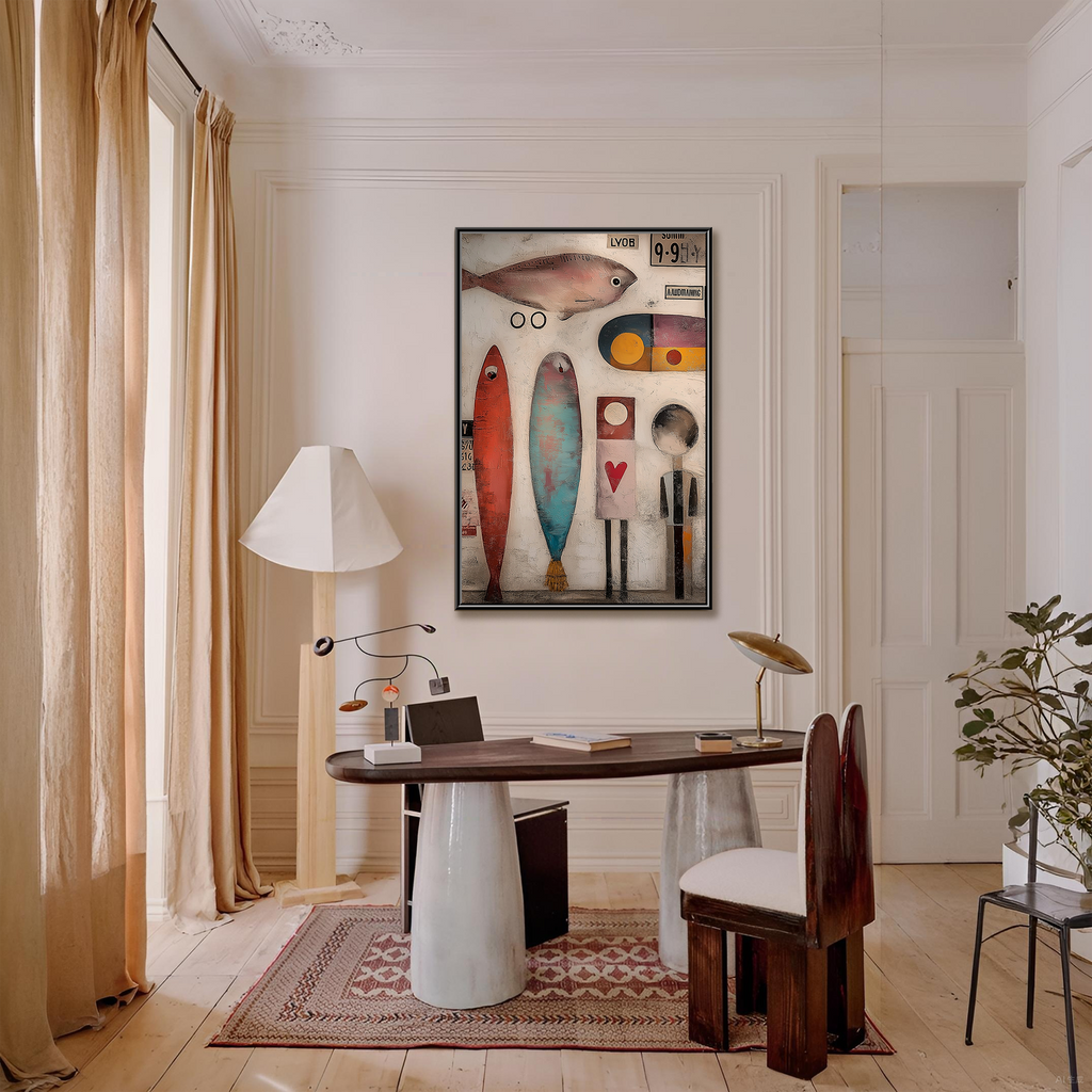 The Curious Lineup: Whimsical Textured Abstract Fish Painting for Kids' Room Decor