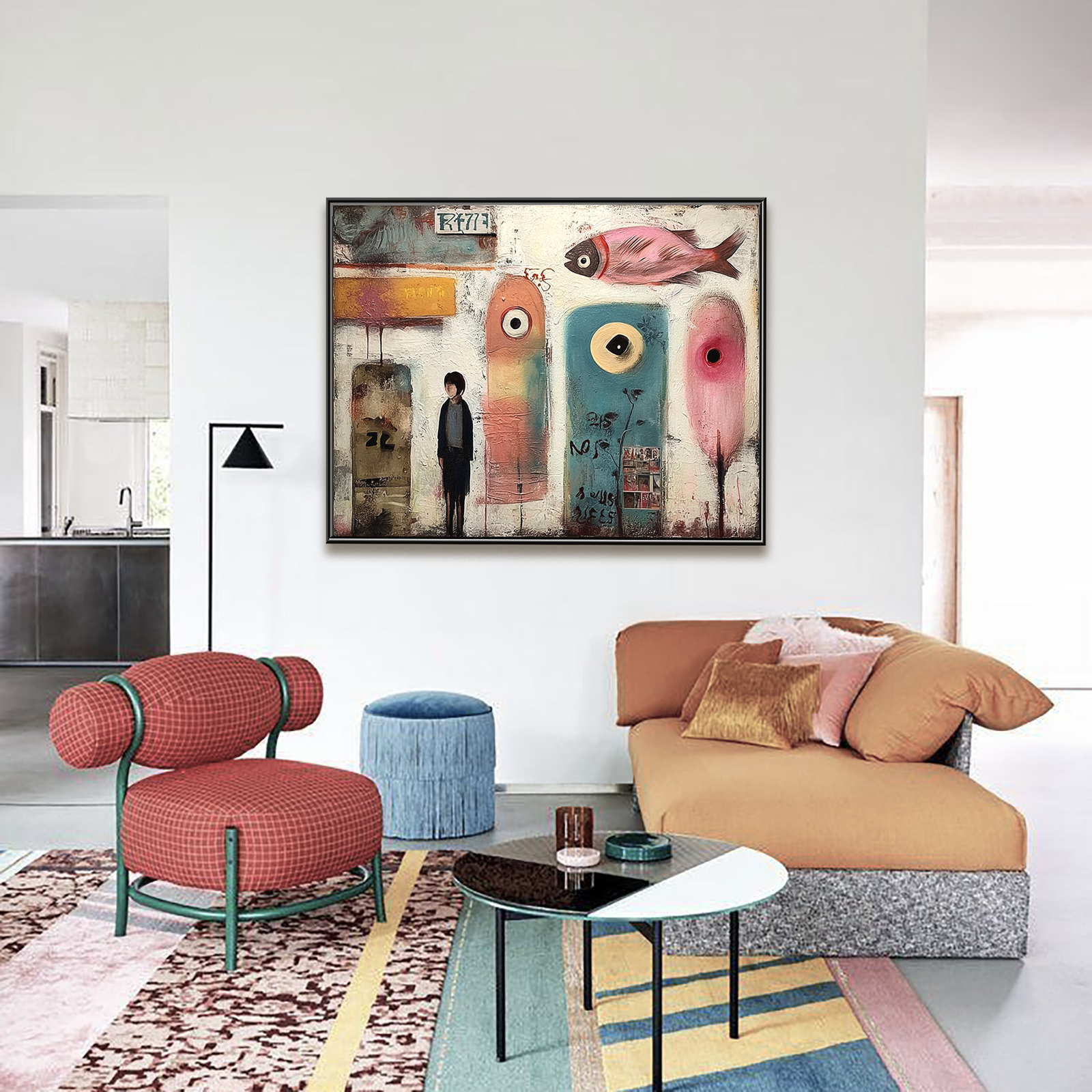 Urban Dreamscape: Surreal Textured Graffiti Art Painting with Abstract Fish and Figure