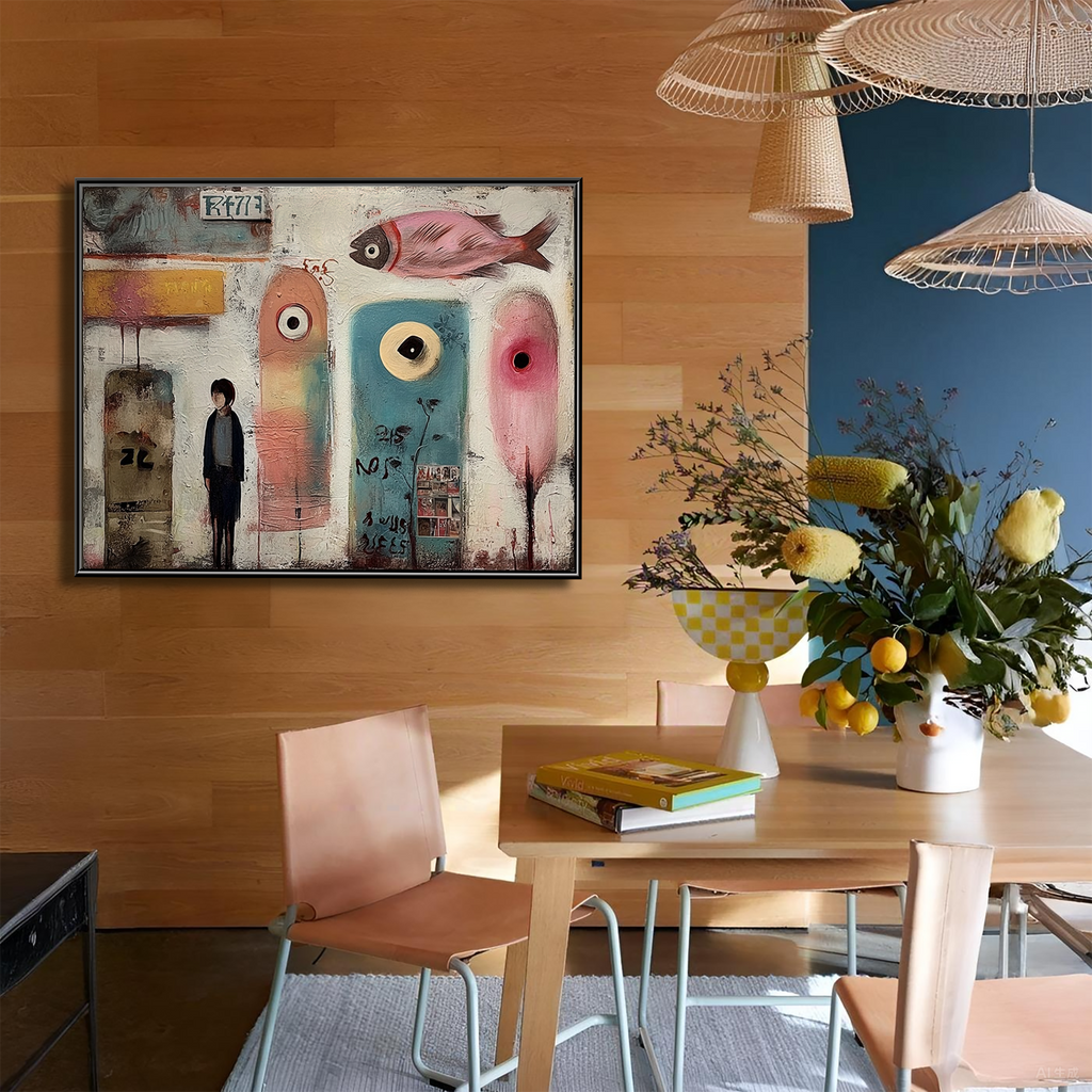 Urban Dreamscape: Surreal Textured Graffiti Art Painting with Abstract Fish and Figure