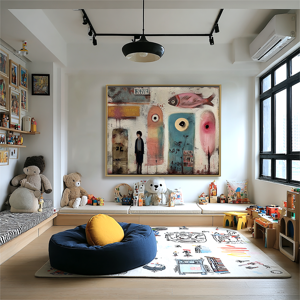 Urban Dreamscape: Surreal Textured Graffiti Art Painting with Abstract Fish and Figure