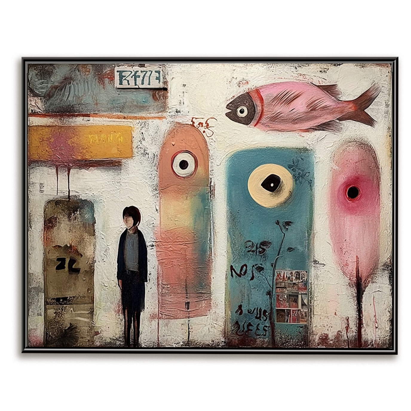 Urban Dreamscape: Surreal Textured Graffiti Art Painting with Abstract Fish and Figure