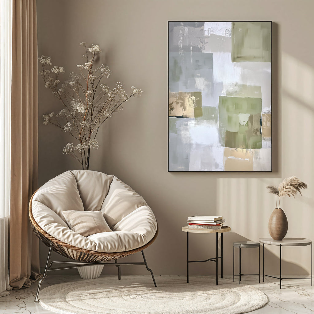 Soft Green Geometry – Abstract Blocks Painting