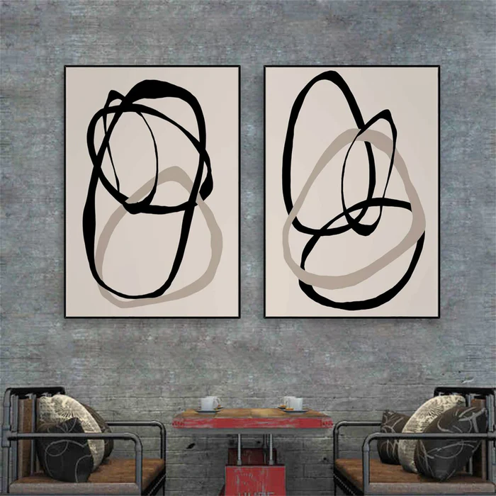 Eternal Flow Black Line Abstract Painting Set Set of 2