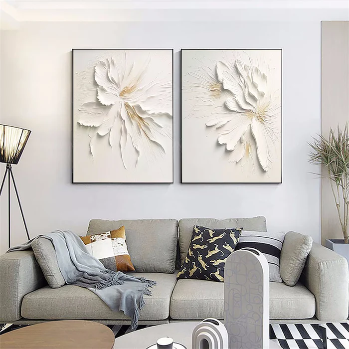 Whisper Bloom White Floral 3D Painting Set Set of 2