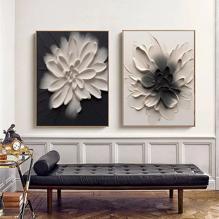 Dual Bloom Black and White Floral Painting Set Set of 2