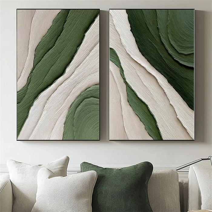 Verdant Flow Green Textured Abstract Painting Set Set of 2