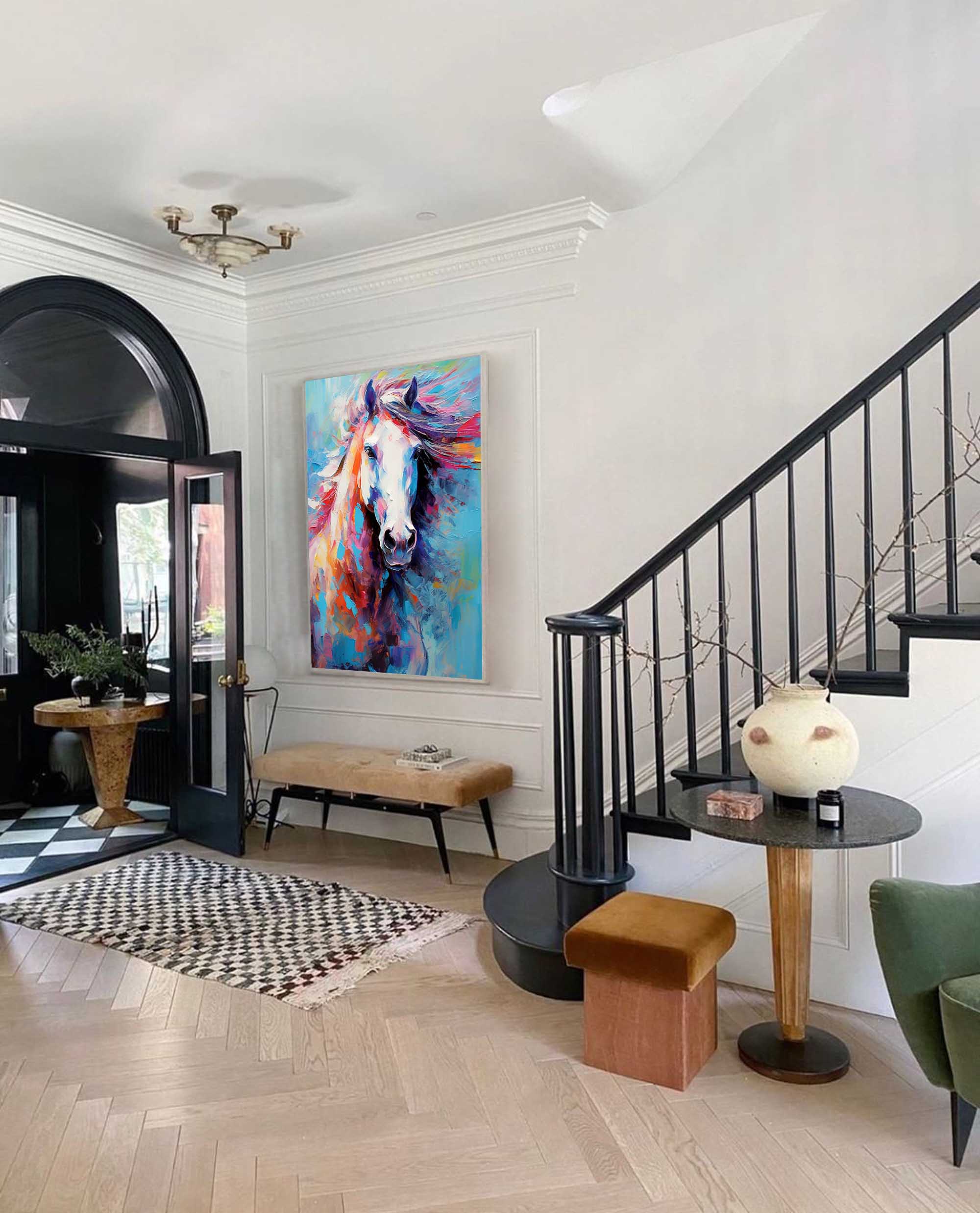 Chromatic Gallop: A Textured Horse Wall Art for Living Room Decor