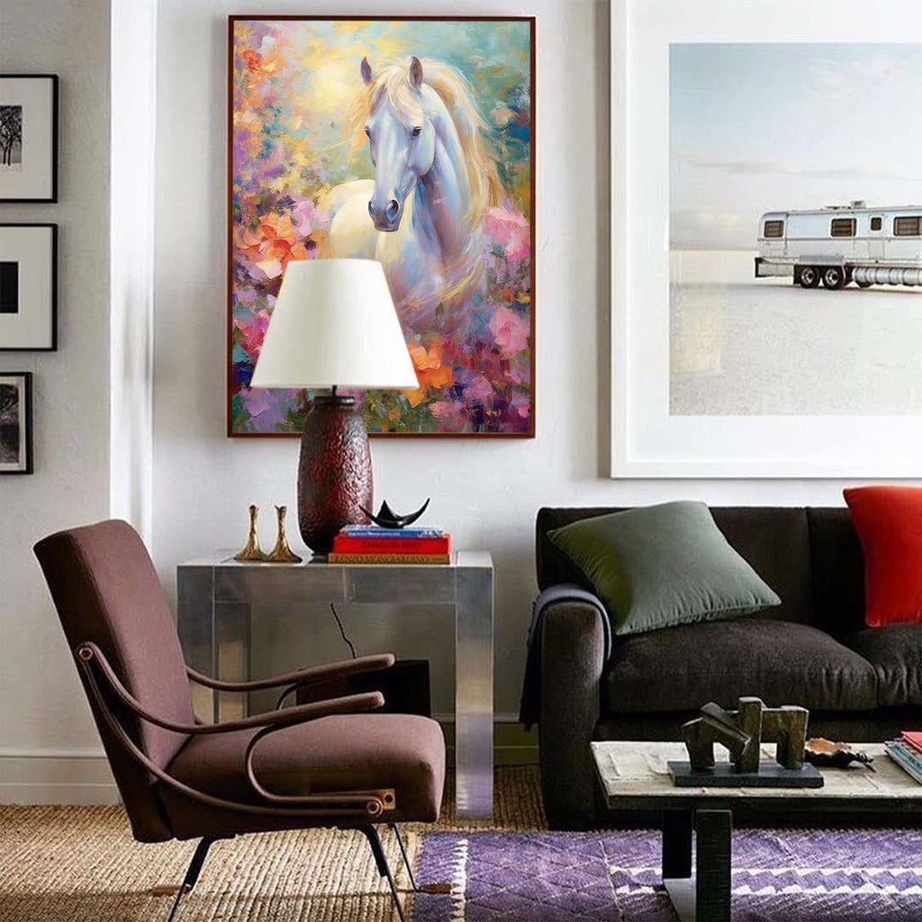 Floral Meadow: A Romantic Horse Wall Art for Bedroom Decor