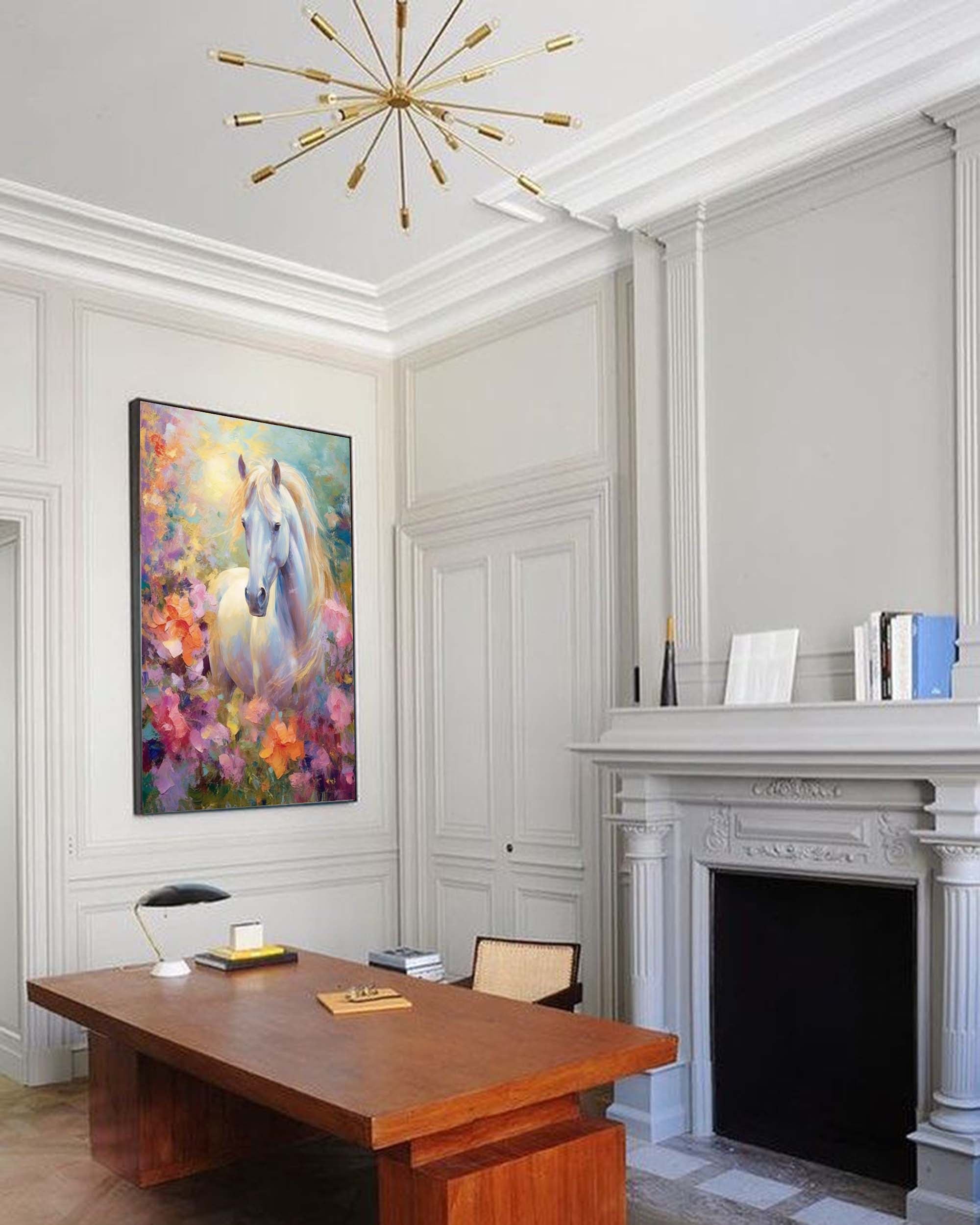 Floral Meadow: A Romantic Horse Wall Art for Bedroom Decor