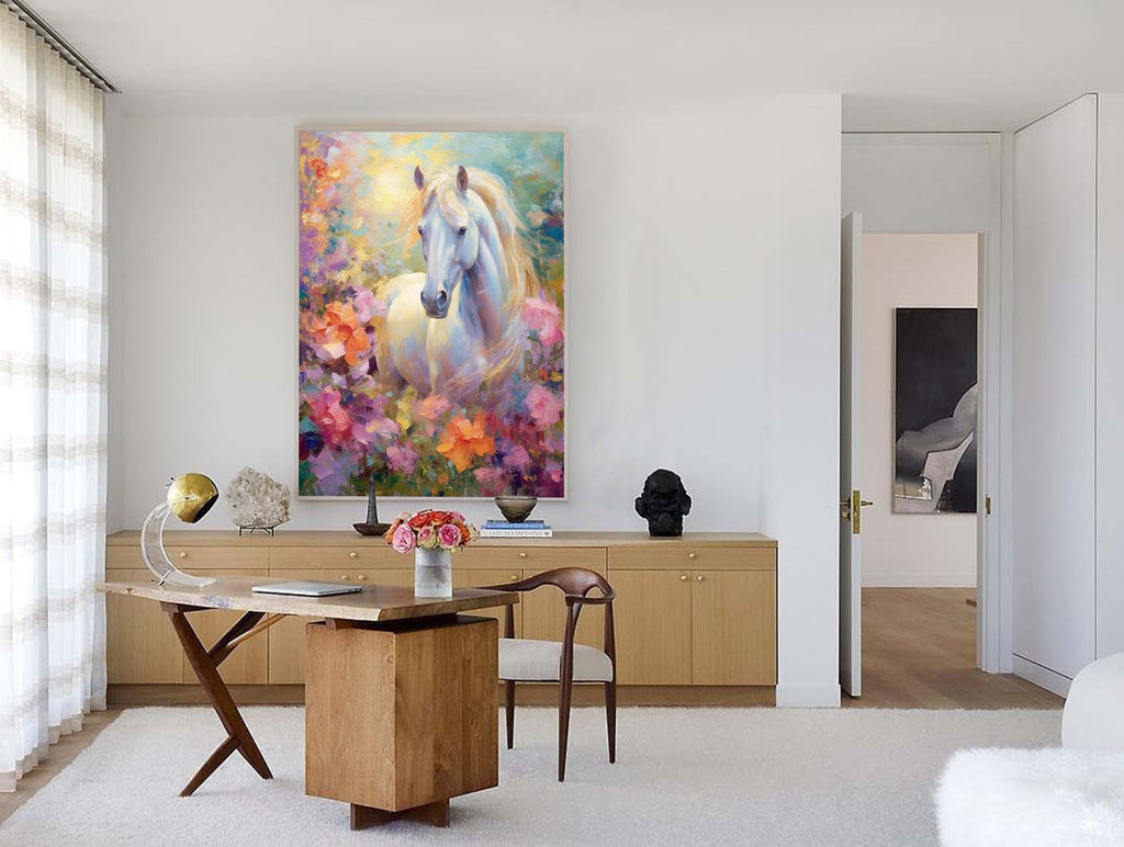 Floral Meadow: A Romantic Horse Wall Art for Bedroom Decor