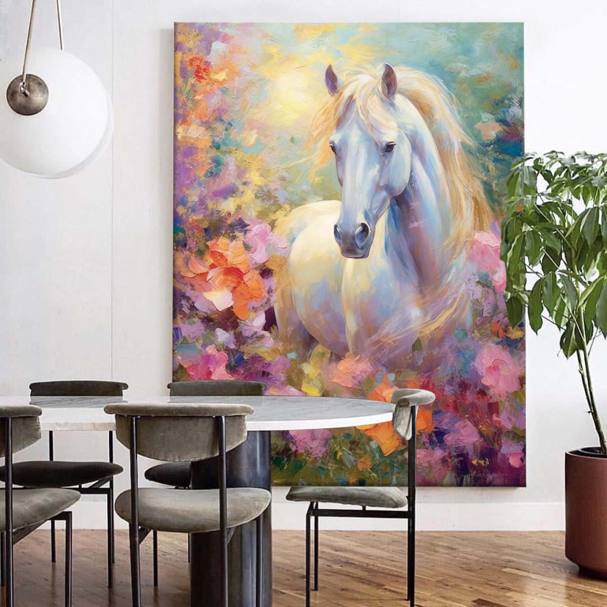 Floral Meadow: A Romantic Horse Wall Art for Bedroom Decor