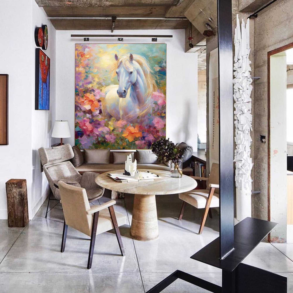 Floral Meadow: A Romantic Horse Wall Art for Bedroom Decor