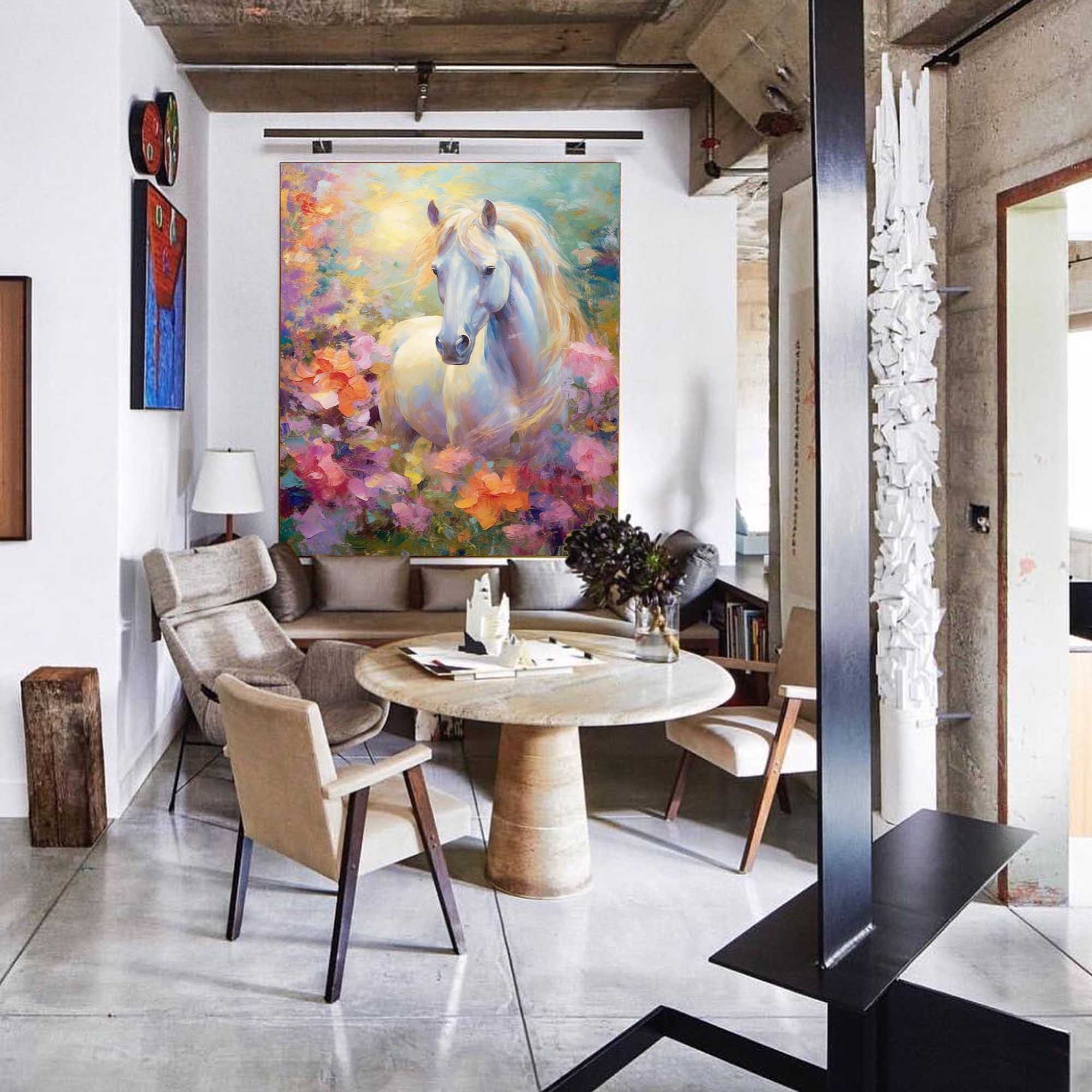 Floral Meadow: A Romantic Horse Wall Art for Bedroom Decor