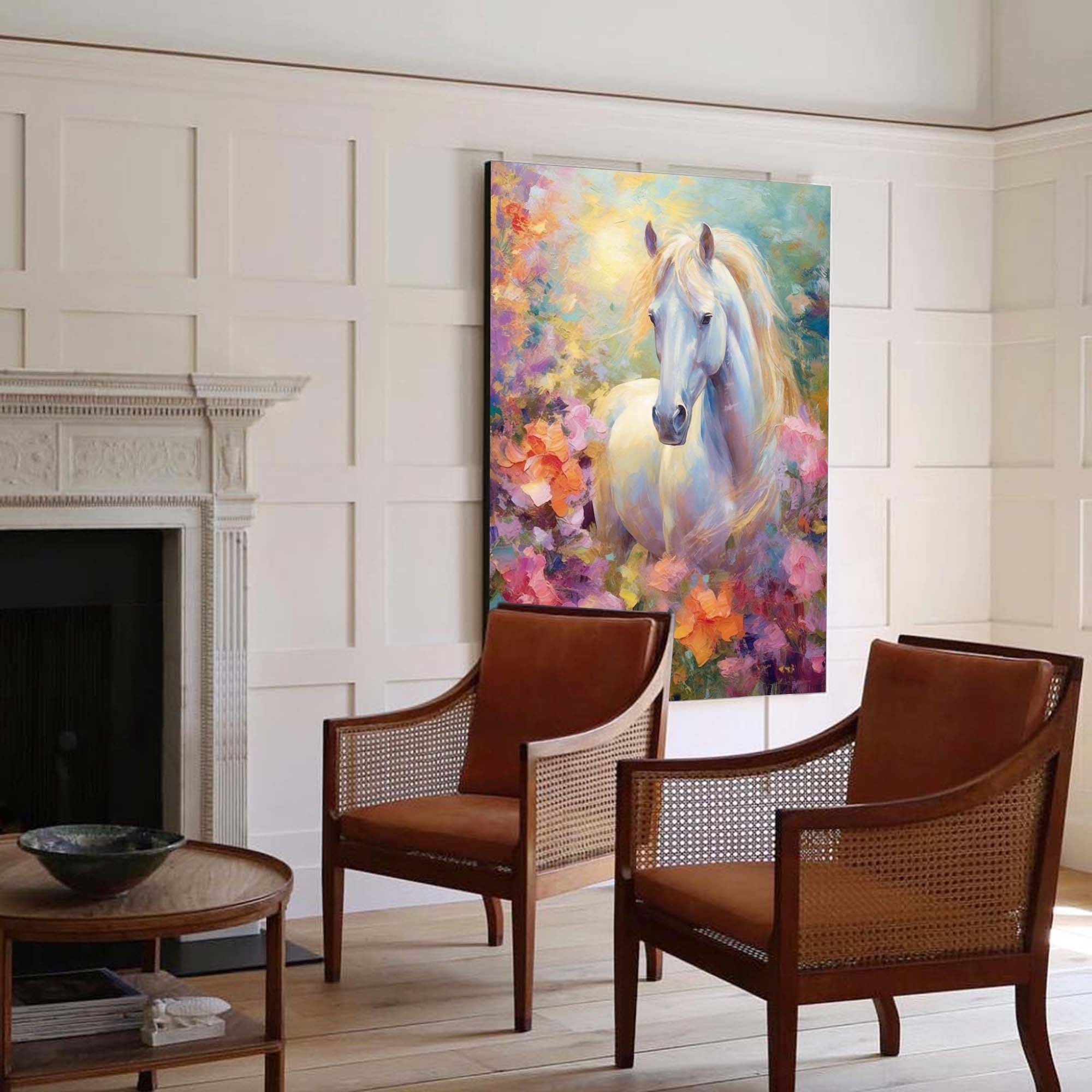 Floral Meadow: A Romantic Horse Wall Art for Bedroom Decor