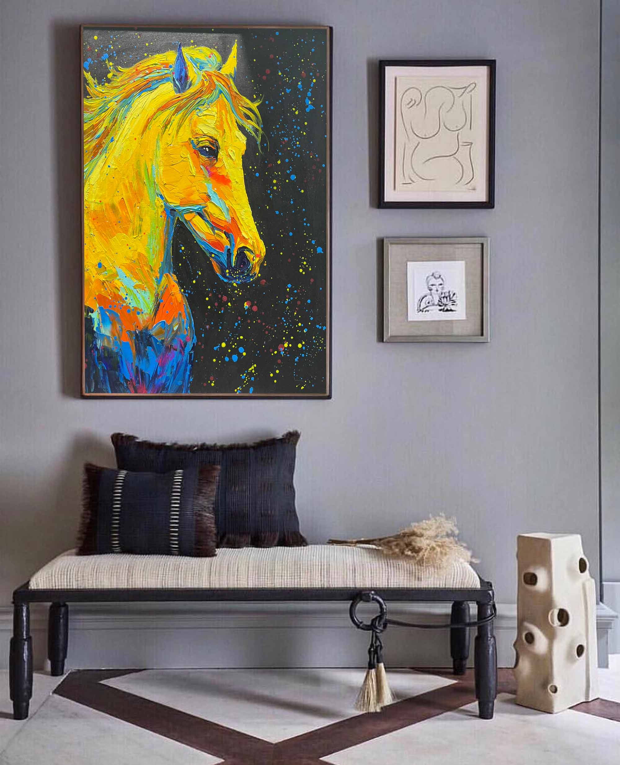 Golden Comet: A Vibrant Textured Horse Wall Art for Living Room Decor