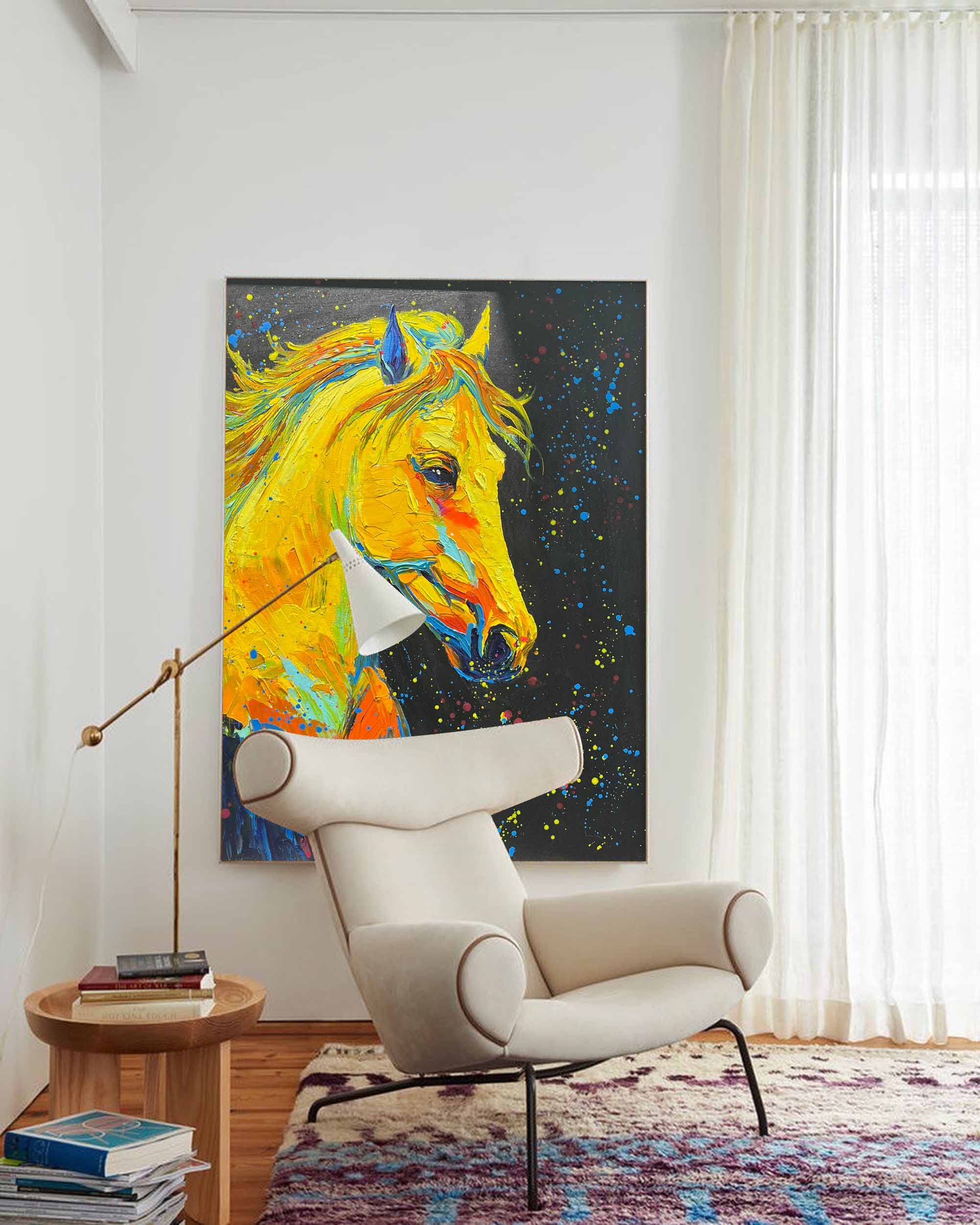 Golden Comet: A Vibrant Textured Horse Wall Art for Living Room Decor