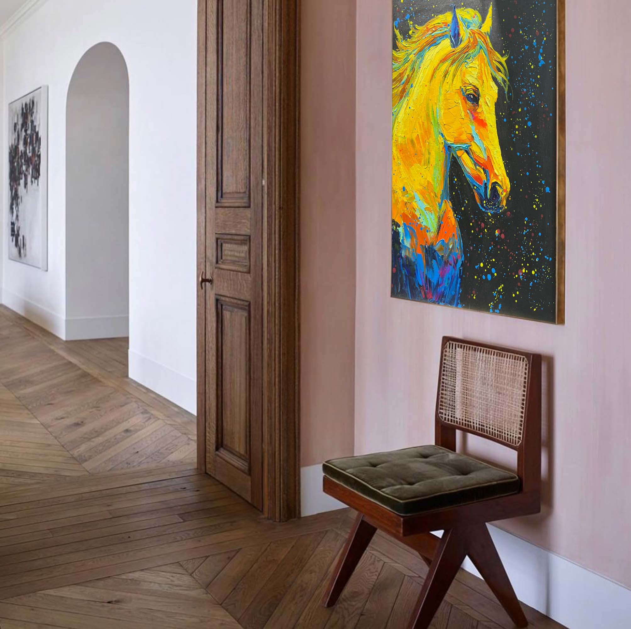 Golden Comet: A Vibrant Textured Horse Wall Art for Living Room Decor