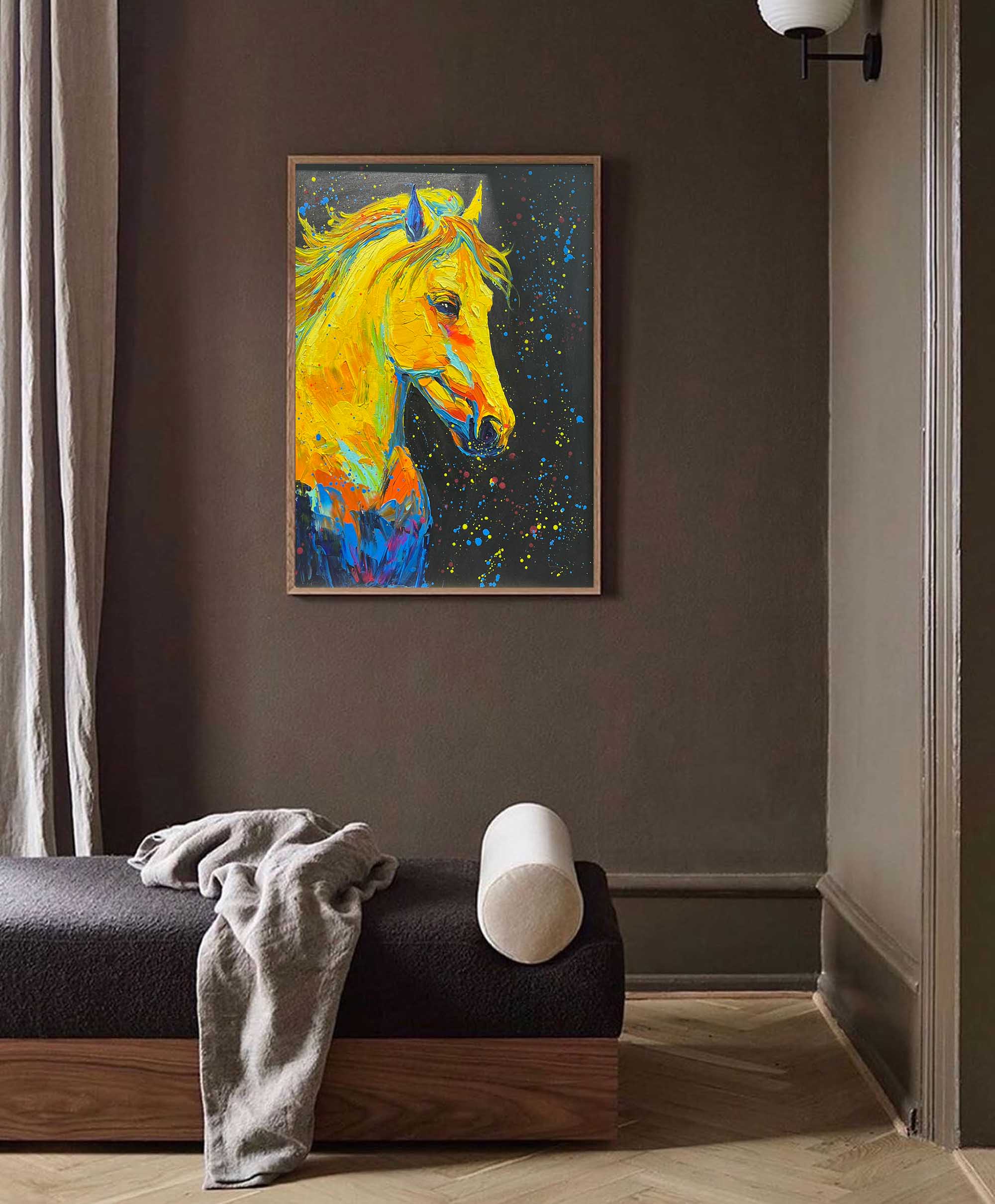 Golden Comet: A Vibrant Textured Horse Wall Art for Living Room Decor