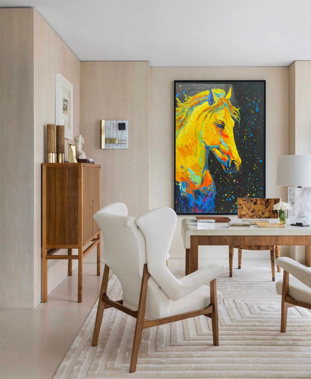 Golden Comet: A Vibrant Textured Horse Wall Art for Living Room Decor