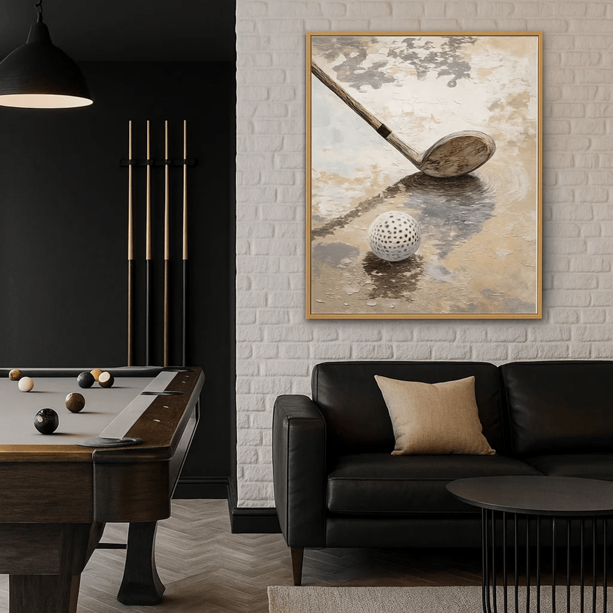 Neutral Golf Wall Art, Textured Beige Gray Canvas Painting for Sports Room or Office