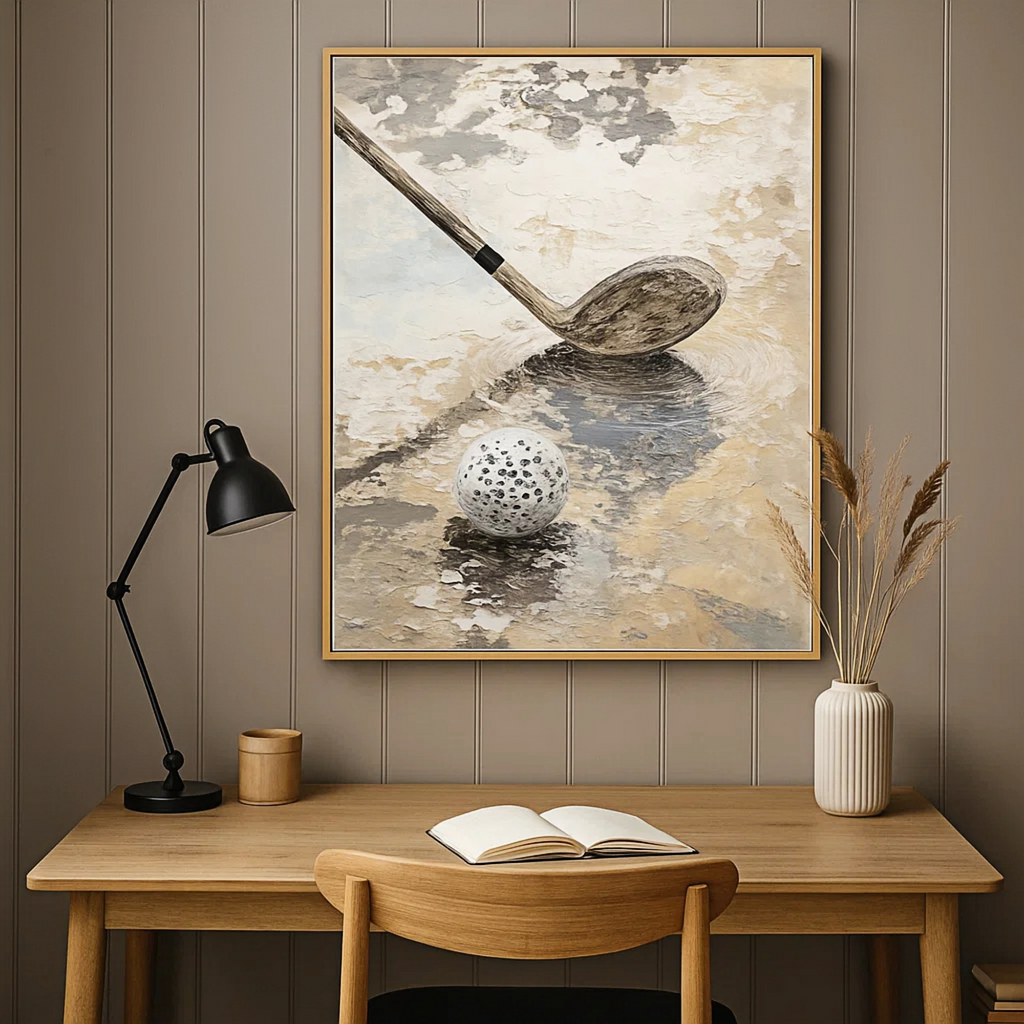 Neutral Golf Wall Art, Textured Beige Gray Canvas Painting for Sports Room or Office