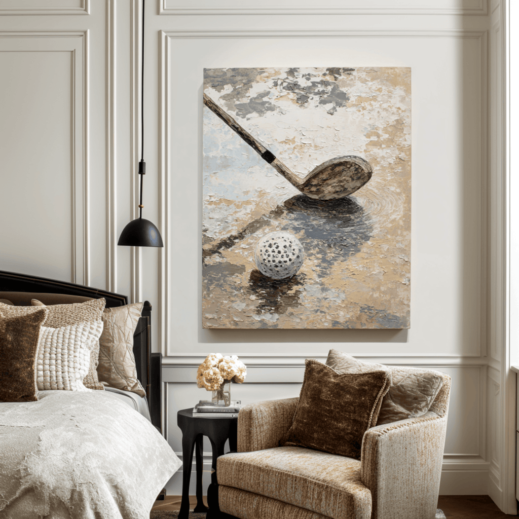 Neutral Golf Wall Art, Textured Beige Gray Canvas Painting for Sports Room or Office