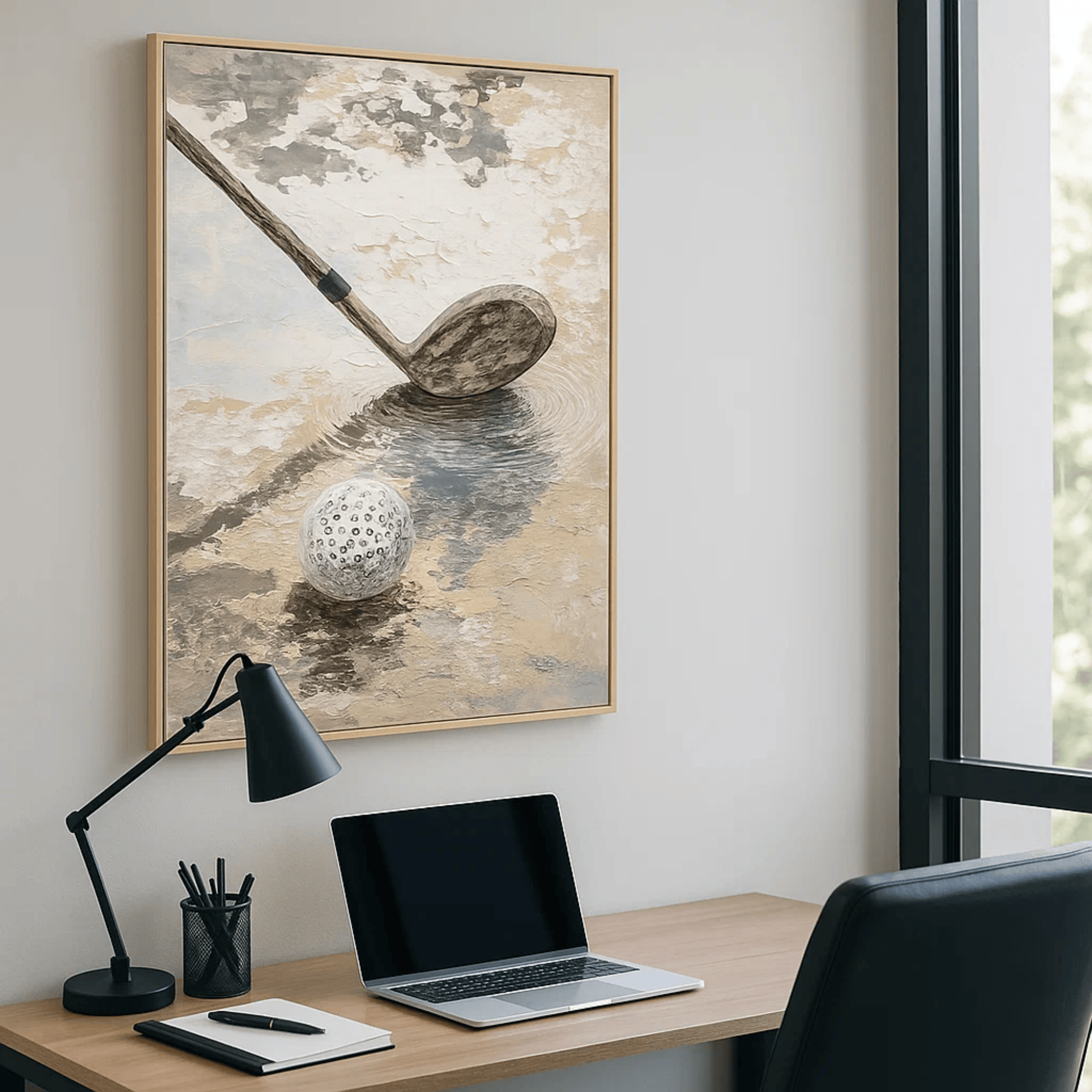 Neutral Golf Wall Art, Textured Beige Gray Canvas Painting for Sports Room or Office