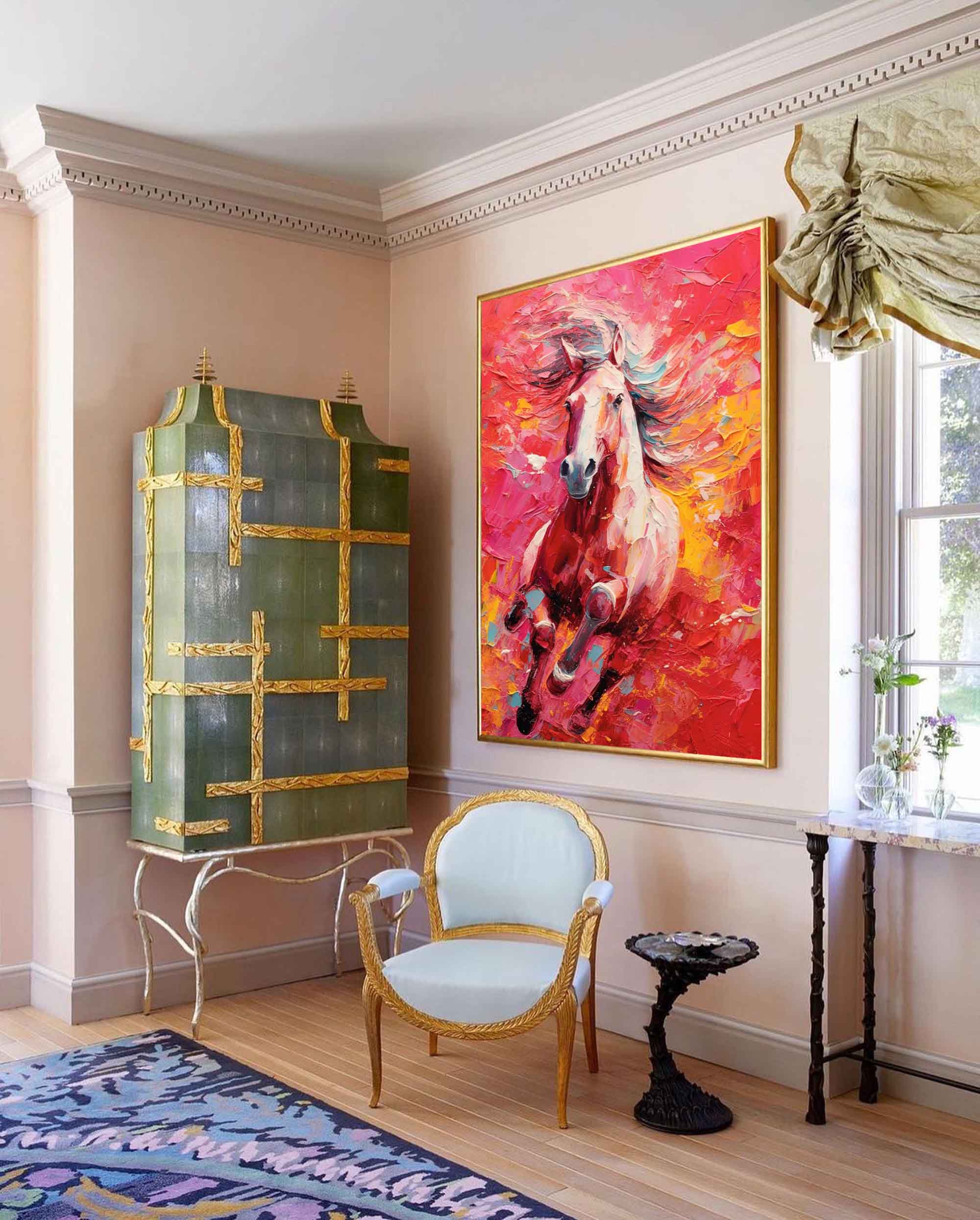 Crimson Gallop: A Vibrant Horse Wall Art for Living Room Decor