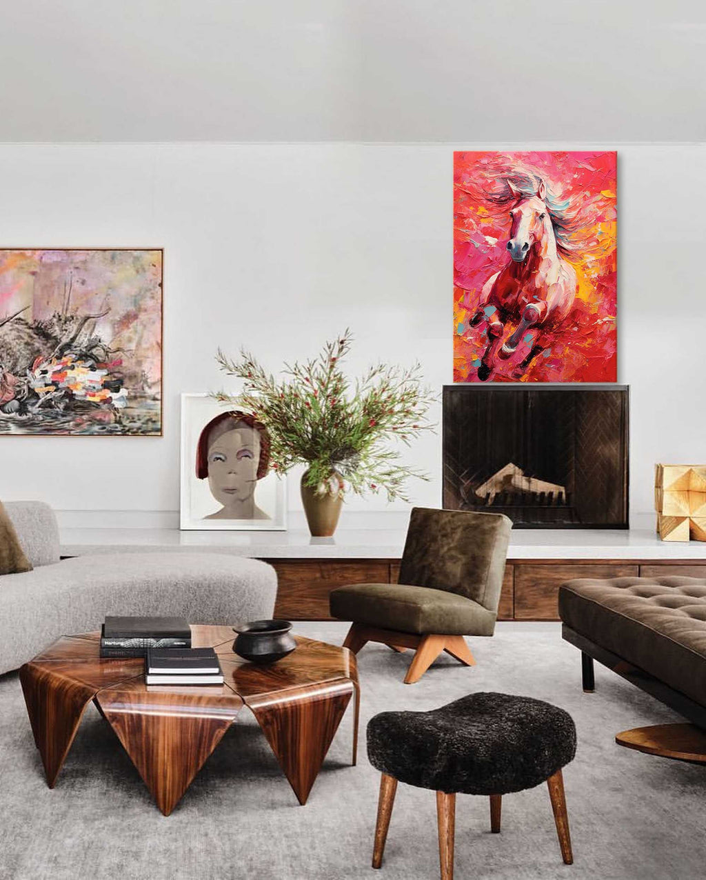Crimson Gallop: A Vibrant Horse Wall Art for Living Room Decor