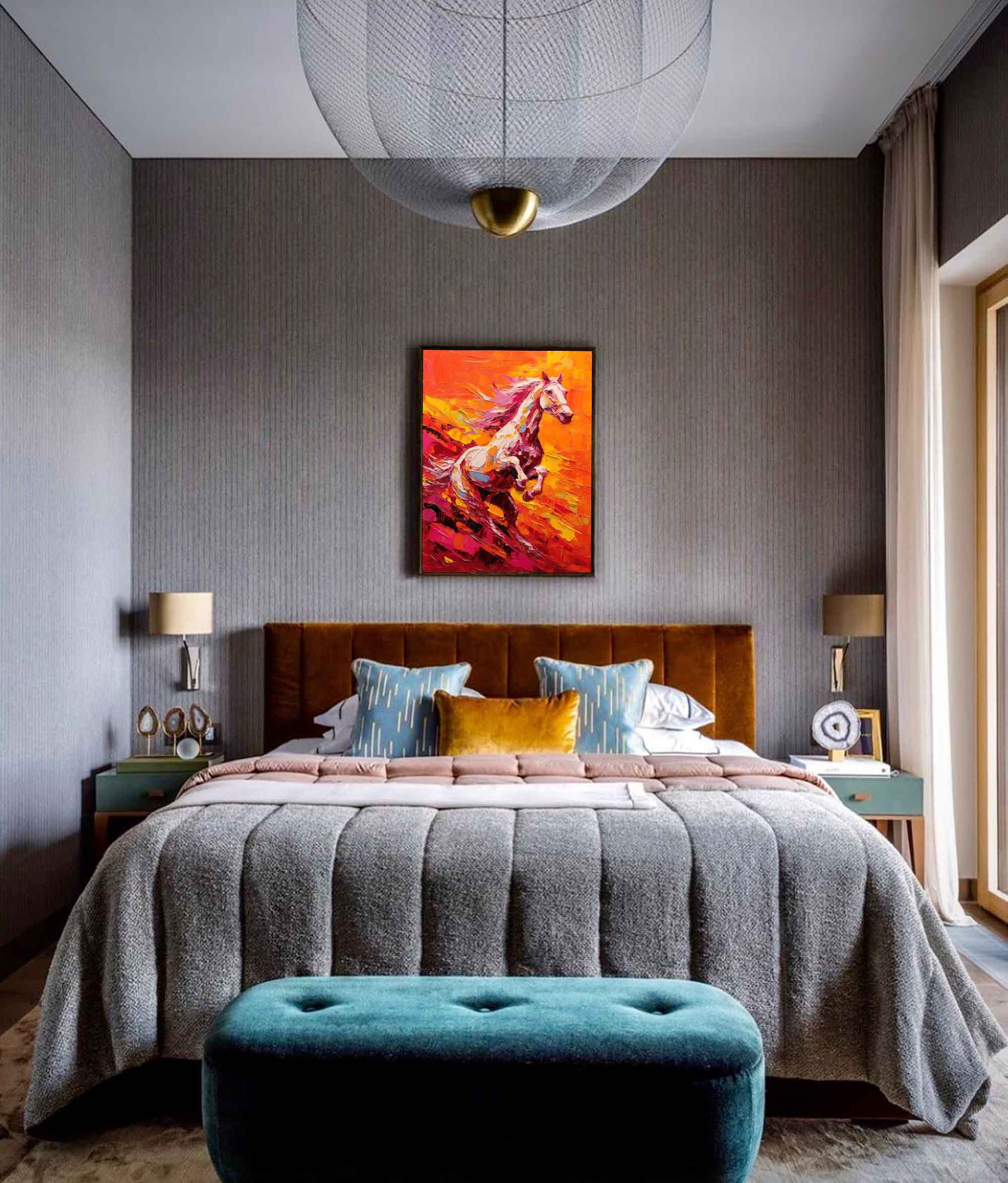 Sunset Gallop: A Fiery Textured Horse Wall Art for Living Room