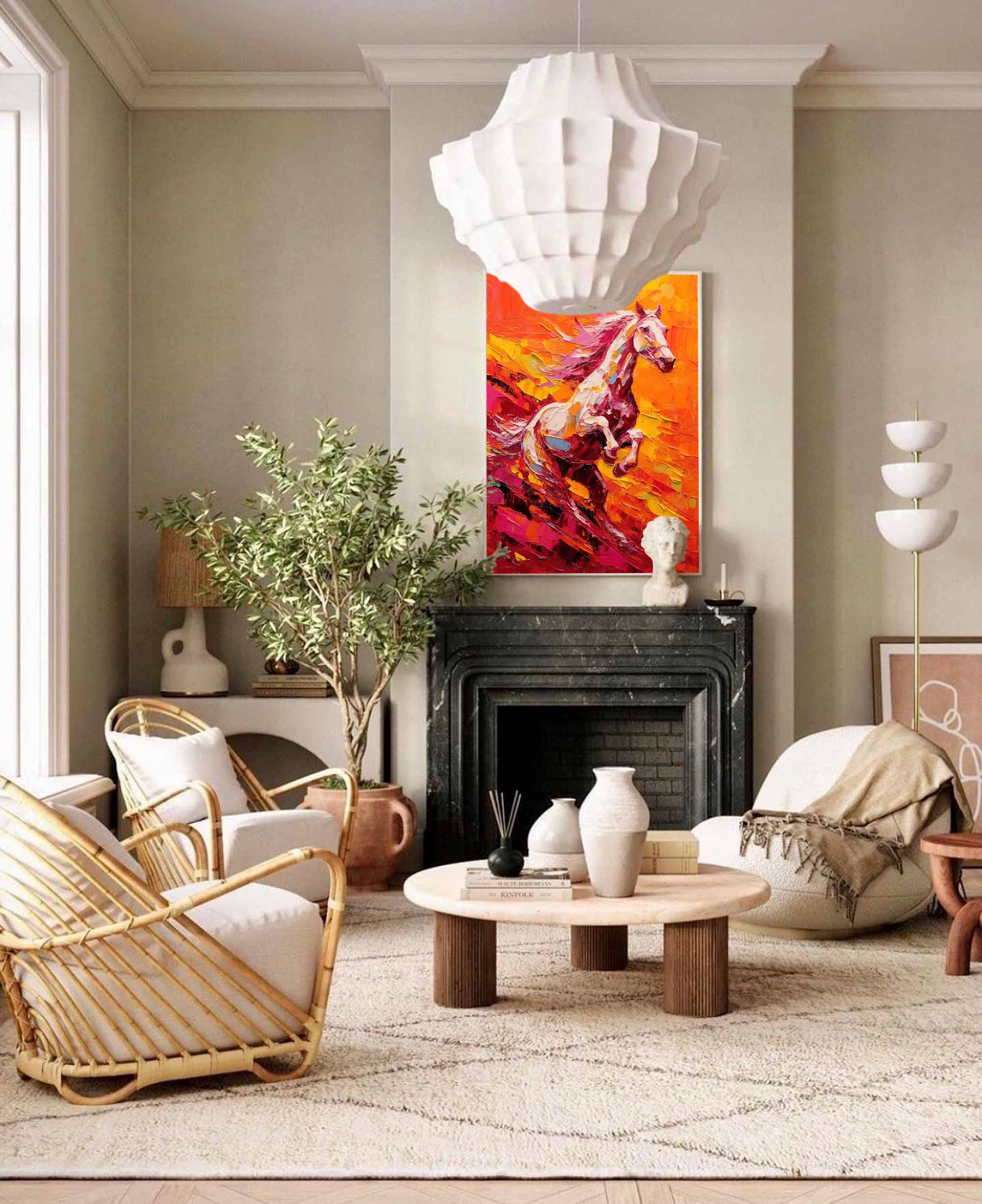 Sunset Gallop: A Fiery Textured Horse Wall Art for Living Room