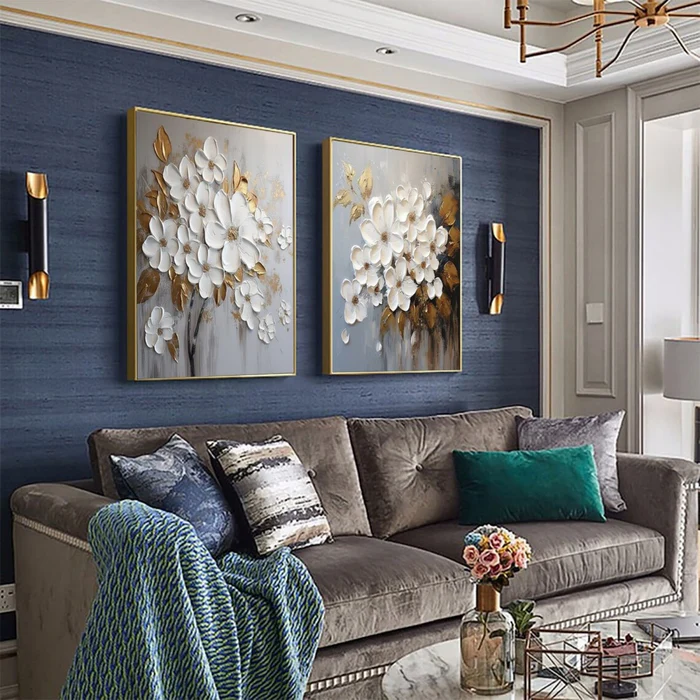 Golden Bloom White Floral Textured Painting Set Set of 2