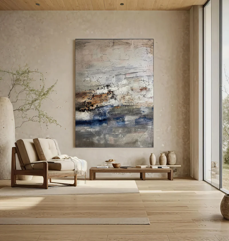 Ocean Drift Beige & Blue Abstract Painting