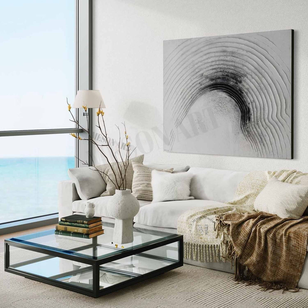 Wabi Sabi Black and White Textured Wall Art, Minimal Abstract Arch Canvas for Modern Living Room