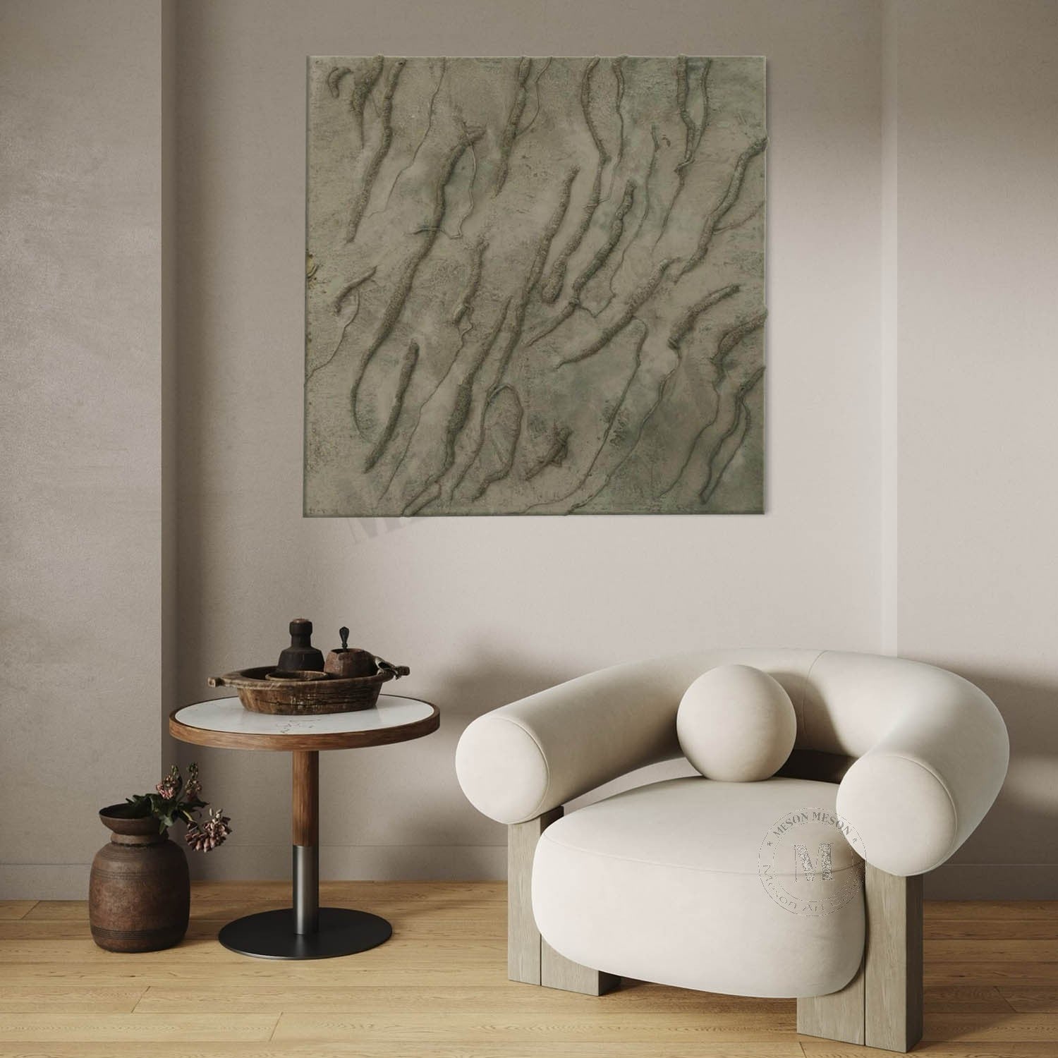 Wabi Sabi Earthy Green Textured Wall Art, Minimal Abstract Square Canvas for Living Room