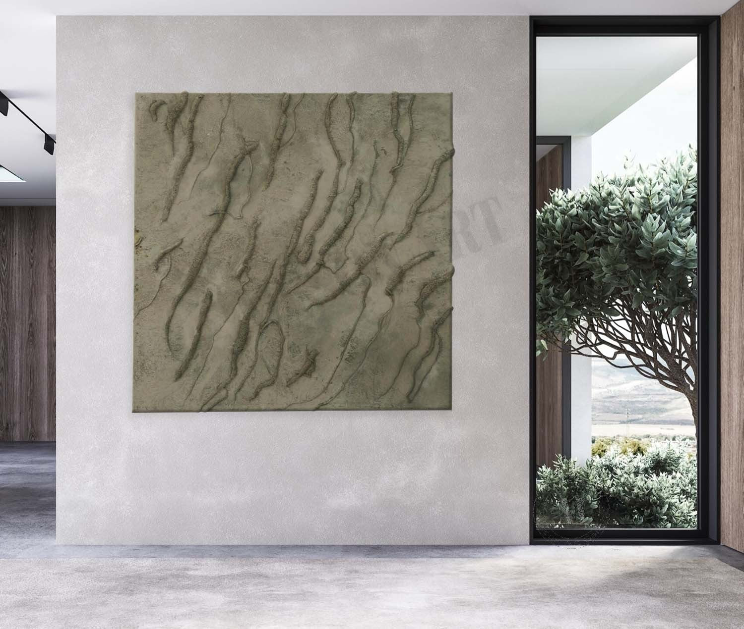 Wabi Sabi Earthy Green Textured Wall Art, Minimal Abstract Square Canvas for Living Room