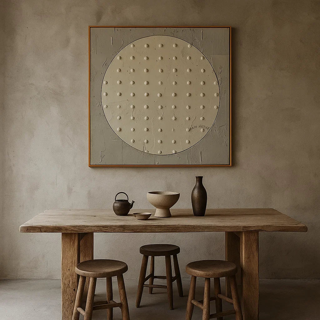 Wabi Sabi Neutral Circle Textured Wall Art, Minimal Abstract Square Canvas for Living Room