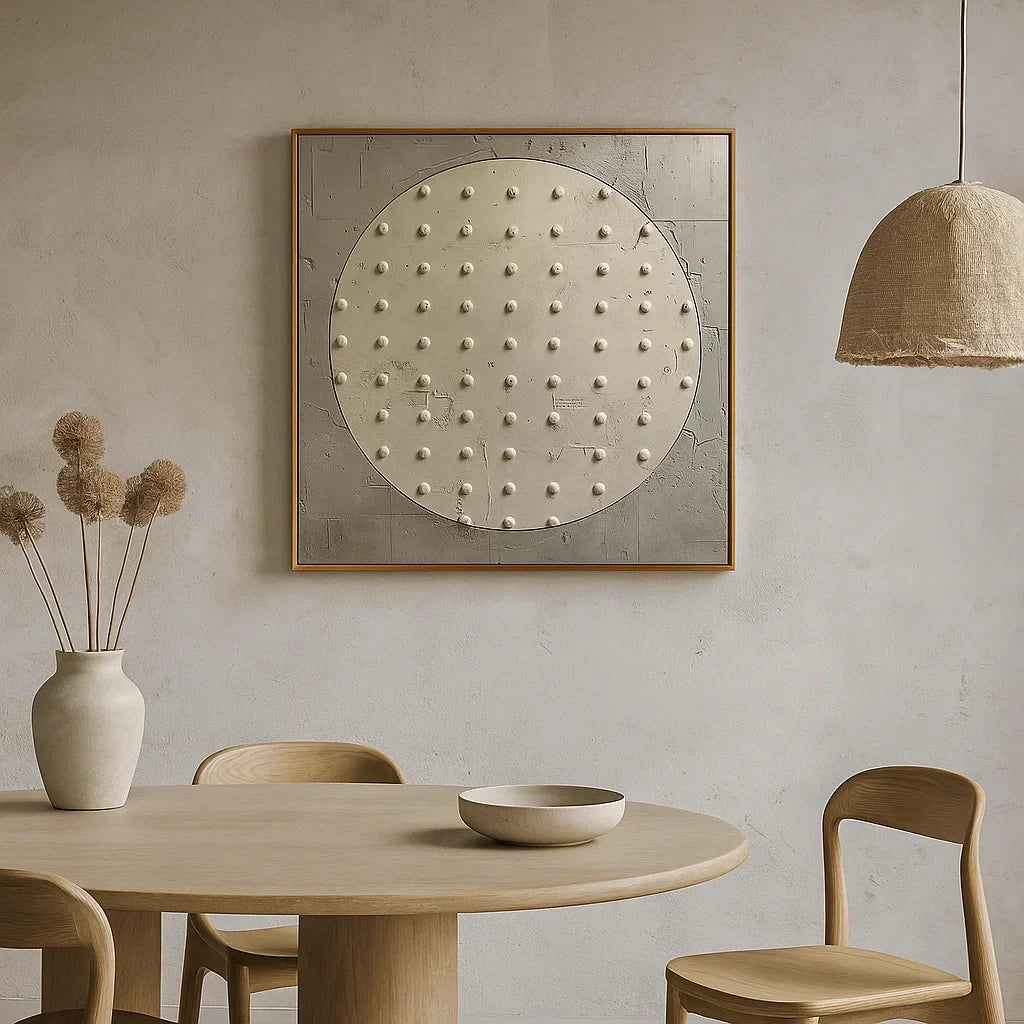 Wabi Sabi Neutral Circle Textured Wall Art, Minimal Abstract Square Canvas for Living Room