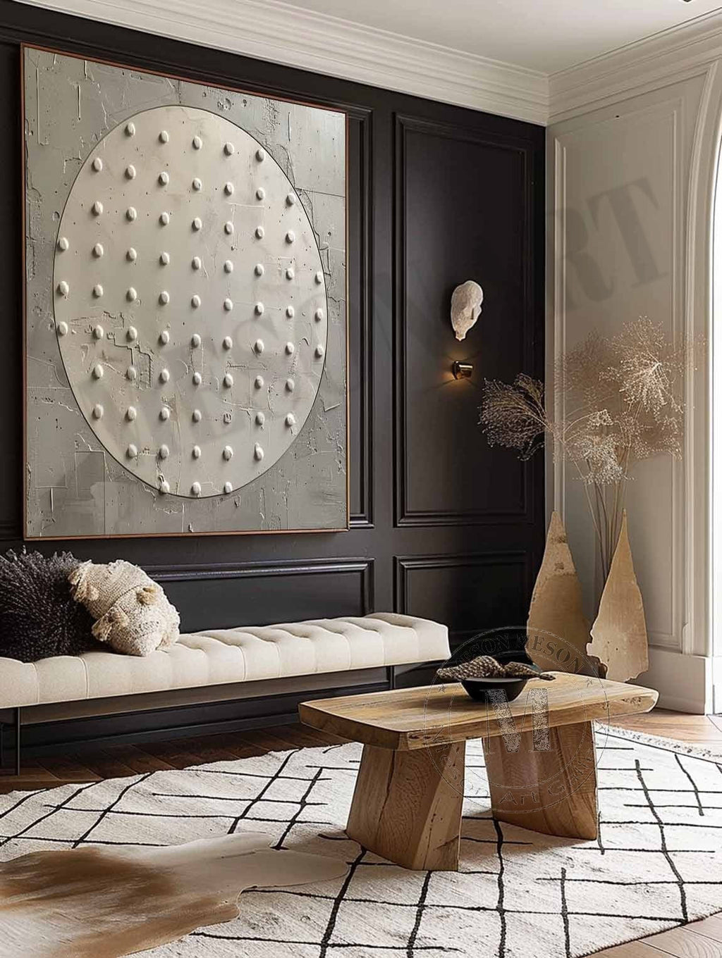 Wabi Sabi Neutral Circle Textured Wall Art, Minimal Abstract Square Canvas for Living Room